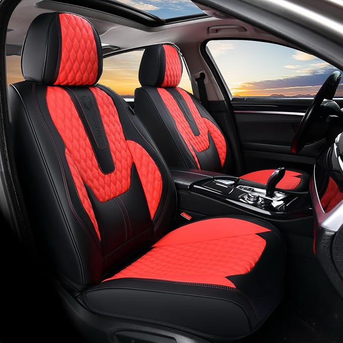 Coverado Car Seat Covers Front Seats, Luxury Faux Leather Seat Covers for Cars Waterproof Seat Covers with Lumbar Support, Car Seat Protector Universal Fit for Most Cars SUV Truck(Red&Black) by COVERADOAUTO