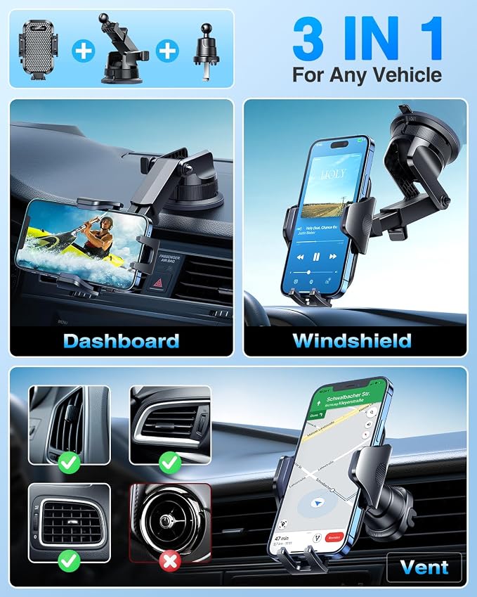 [True Military-Grade] Car Phone Holder VANMASS [Upgraded Strongest Suction&Clip] Cell Phone Mount for Dashboard Windshield Vent Kit, Truck Cradle Stand for iPhone 17 Pro Max 16 15 14 Android,Ink Black - Image 4