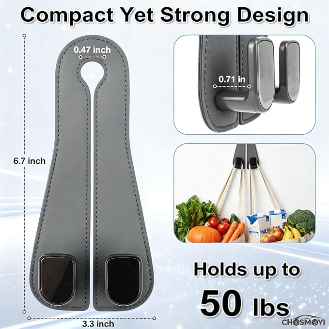 Leather Car Bag Hooks, 2 Pack Headrest Hooks for Handbags & Groceries(Grey) | Double Hook Anti-Drop Design, Holds Up to 50 lbs, Purse Holder, Car Organization, Vehicle Accessories - Image 3