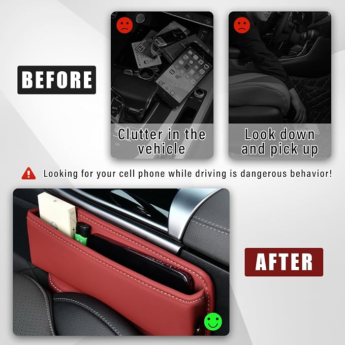 Ziciner Car Seat Gap Organizer, Premium Leather Auto Seat Storage Box, Vehicle Adjustable Front Seat Gap Filler, Car Seat Side Pocket Organizer for Phones, Glasses, Keys, Money, Cards (Red) - Image 4