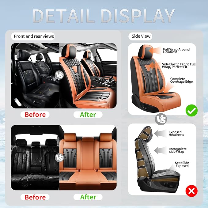 Fit Avalon Premium Leather Car Seat Covers for Toyota Avalon 2001-2021 2022 - Waterproof，Breathable，All-Weather Seat Cushion Protecto & Airbag Compatible, 2 Front Seat Orange&Black - Image 6