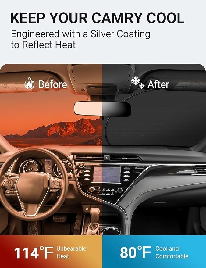 Proadsy Custom Fit 2018-2026 Toyota Camry Windshield Sun Shade, Blocks Heat | 240T Heat Shield, Drops Temp 54°F, Blocks 99% UV, Prevents Dashboard Cracking, Summer Parking & Beach Trips, Easy Twist-Fold - Image 3
