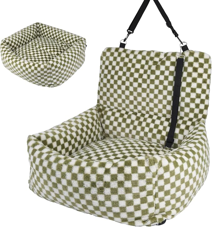Dog Car Seat for Small Dogs,Medium Dog Car Bed with Detachable Washable Cover,Pet Puppy Booster Cars Seats with Safety Belt Up to 30 lbs(Grid Green) - Image 9