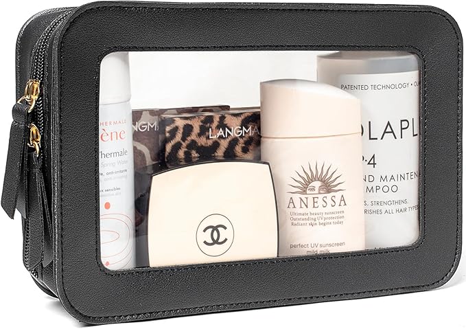 Clear Makeup Bags for Travel, TSA Approved Toiletry Bag with Zipper, Makeup Organizer Fit Carry-on Essentials, Car Accessories Organizers Storage for Women Men (Clear-Black) by LETGO
