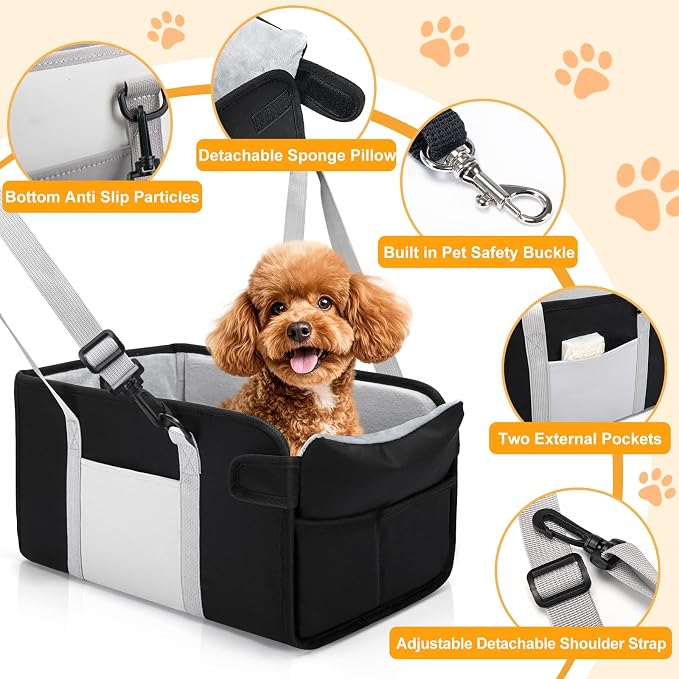 Portable Dog Car Seat for Small Dogs, Puppy Car Seat, Black&White | Booster Seat With Safety Leash & Adjustable Straps Keeps Small Dogs Secure. Removable Washable Cushion. Fits Most Cars. - Image 3
