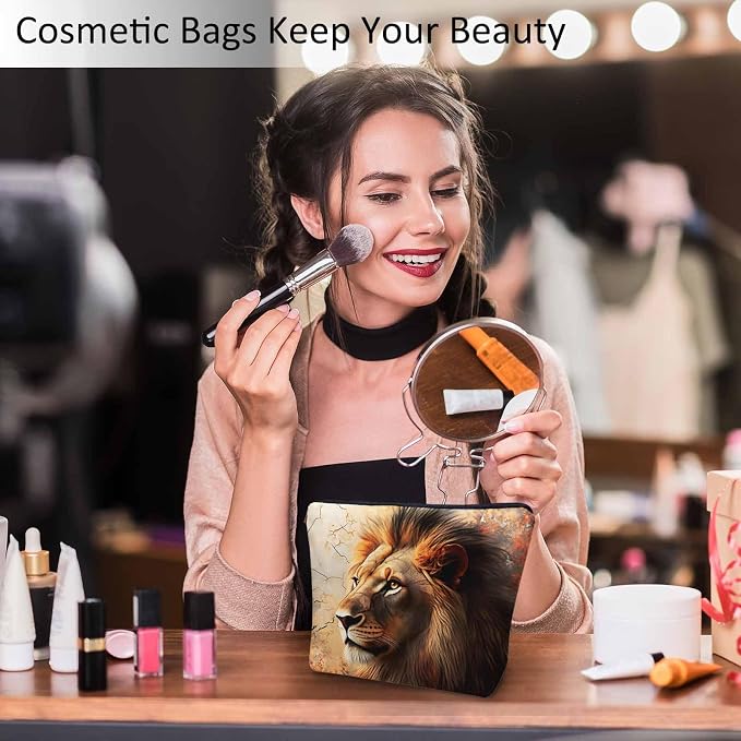 Makeup Bag Lion Makeup Bags For Purse Pouch, Wildlife Forest King Lion Travel Toiletry Bag Cosmetic Bag Makeup Bags Flax Makeup Organizer Bag Pencil Pouch For Man Woman, Brown - Image 2
