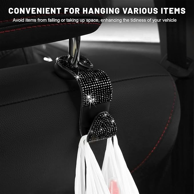 4 PCS Bling Car Seat Headrest Hooks, Sparkly Crystal Rhinestone Auto Back Seat Hanger Backpack Storage Hanger, Universal Diamond Handbag Hanging Holder for Car RV SUV Truck (Black) - Image 4