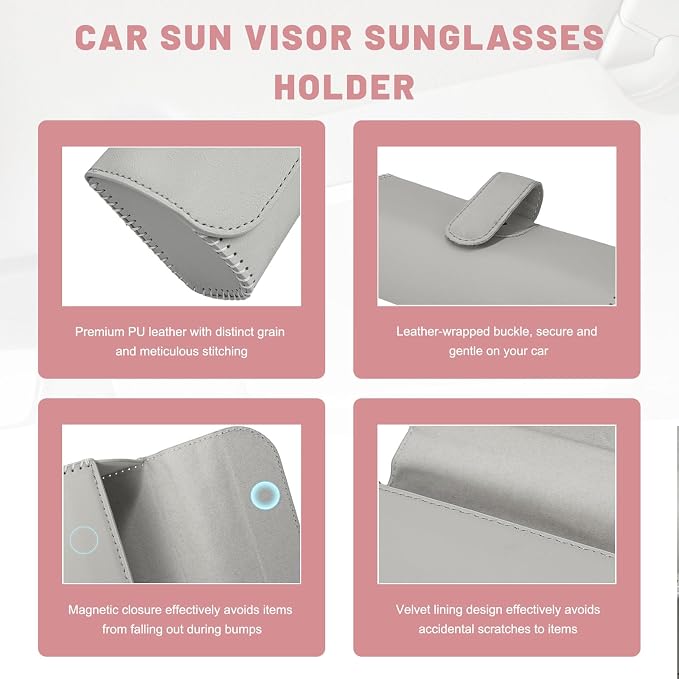 Sunglasses Holder for Car Visor, Auto Sunshade Eyeglasses Storage Case with Hidden Magnetic Closure, PU Leather Sunglass Protective Box for Most Vehicles Sun Visors (Light Gray) - Image 3