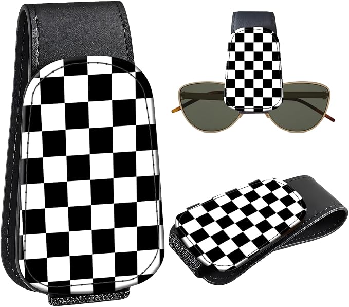 Leather Magnetic Sunglass Holder for Car Sun Visor, Cute Eyeglass Ticket Card Hanger Clip, Universal Auto Interior Accessories for SUV Pickup Truck, Black Checkered by Unknown