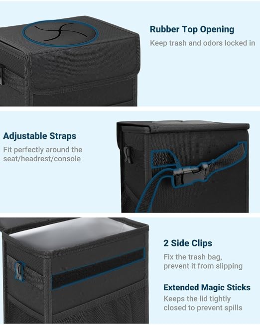 Capolo Car Trash Can with Lid, Leakproof Car Garbage Can Car Trash Bag | Waterproof, Trash Can for Car, 3 Mesh Pockets, Mini Hanging Vehicle Car Trash Bin, for Back/Front Seat (Black,4 Gal) - Image 3