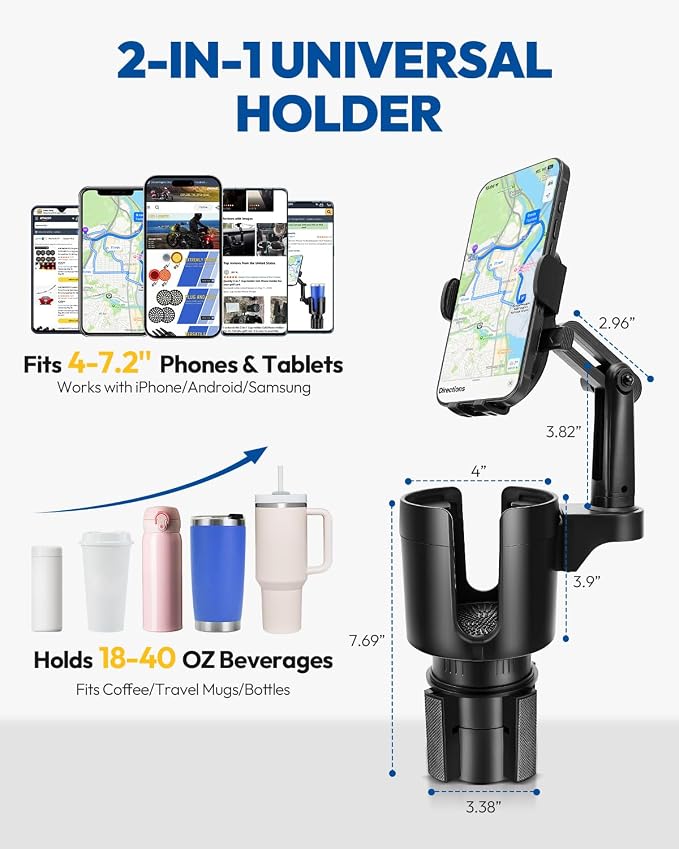 2-in-1 Cup Holder Cell Phone Holder,Adjustable 360° Rotation Universal Phone Holder Fits 4.0-7.0" Devices, Compatible with 12-40 oz Bottles - Image 4