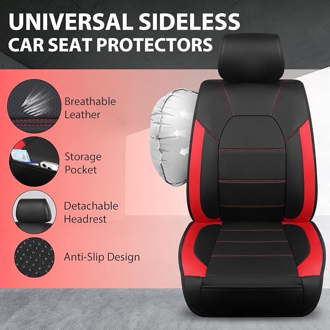 CAR PASS 5 Seats Leather Car Seat Covers, Sideless Car Seat Protectors with Storage Pocket, Water Resistance Seat Cover, Universal Fit Most Cars, SUVs, Trucks and Vans (Full Set,Black and Red) - Image 4