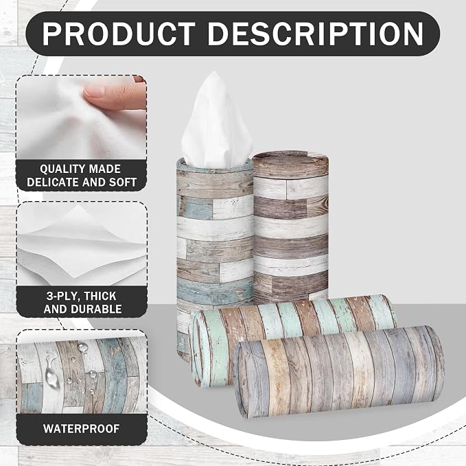 Arttown Car Tissue Holder for Cup Holder Facial Tissues 12 Pack Wood Grain | Bulk 3-Ply,Refillable Marble Print Cylinder Tissue Boxes,Fit Car Home Office School (600 Sheets Total,50 Sheets Each) - Image 3