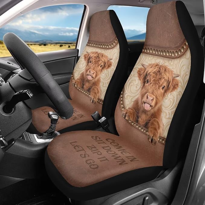 Highland Cow Car Seat Covers for Front Seats Car Accessories for Women Men Washable and Easy to Install Car Seat Cover Set of 2 Anti-Slip for Auto Trucks Van SUV Sedans - Image 2