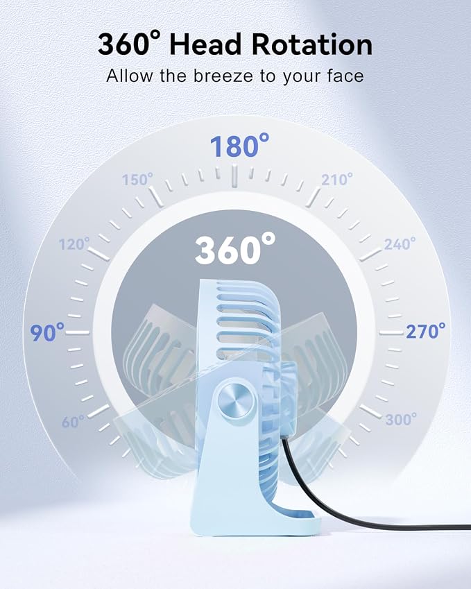 Edvision USB Desk Fan, 5 Inch Small Portable, 3 Speeds Powerful Wind Mini Personal Desktop Fan 360° Rotation Adjustable, Plug In USB Fan Quiet for Table Home Office Travel Car(Blue) - Image 3