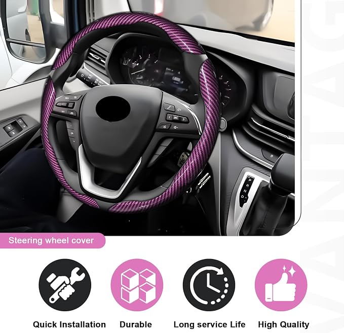 3pcs Universal Carbon Fiber Steering Wheel Cover - Anti-Slip & Segmented Design, Universal 99% Durable Steering Wheel Protector for Men and Women, Car Interior Accessory (Pink) - Image 5