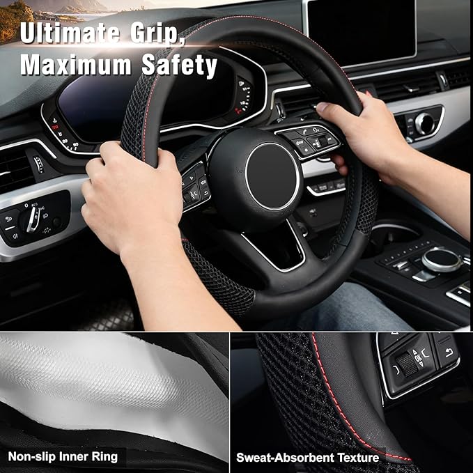 KAFEEK 16 inch Steering Wheel Cover, Microfiber Leather, Black | Compatible for F150 F250 F350 Ram 4Runner Tacoma Tundra Range Rover - Image 5