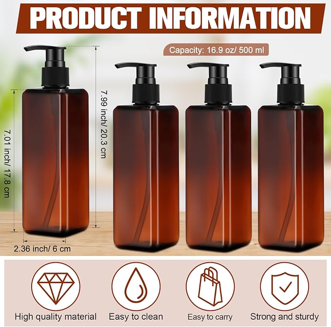 Didaey 8 Pcs Amber Plastic Bottles with Pump 16 oz Refillable Shampoo Dispenser Empty Body Wash Soap Conditioner Lotion Bottles for Bathroom, Kitchen Sink, Hotel, Salon, Cosmetic - Image 2