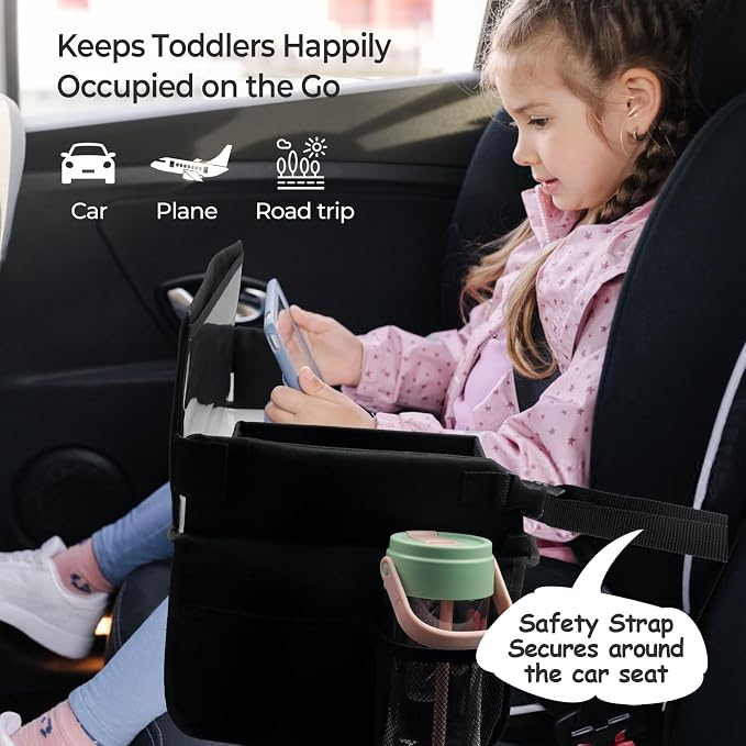 Kids Travel Tray for Car Seat, Carseat Table Tray for Kids Road Trip Activities, Car Trays for Kid Roadtrip Essentials, Toddler Lap Desk Organizer for Airplane - Black - Image 3