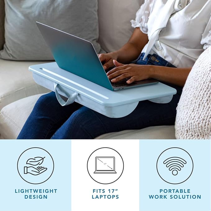 LAPGEAR The Original Lap Desk – Sky Blue, Fits 17" Laptops | Microbead Cushion, Device Ledge, Built-In Pencil Tray, Carry Handle - Image 2