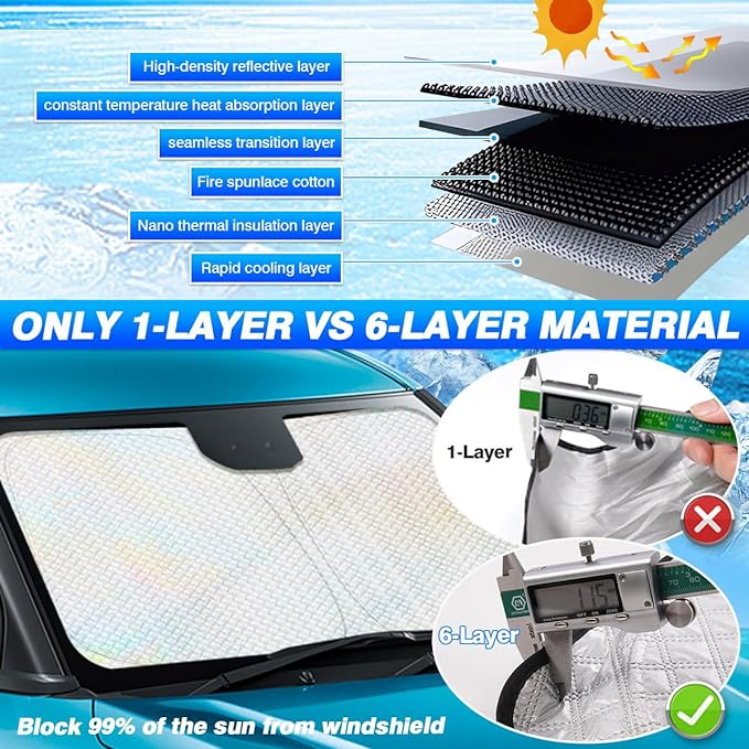 Canvcle Windshield Sun Shade for 2022-2025 2026 Nissan Frontier Accessories Thicken 6-Layer Front Window Sunshade Cover Sun Visor Protector Foldable Block UV Rays Keep Vehicle Cool - Image 3