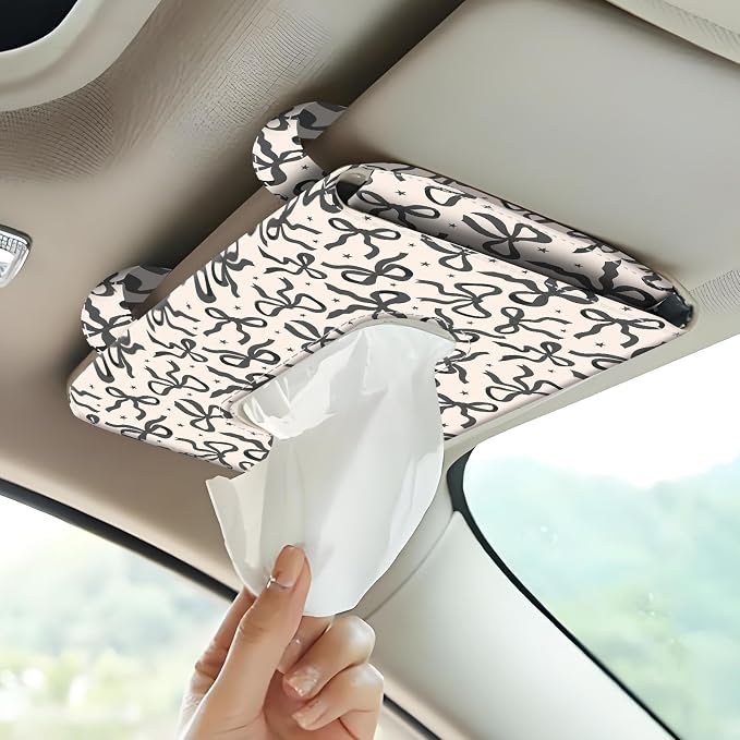 Car Tissue Holder, Cute Sun Visor Napkin Holder Backseat Tissue Case, PU Leather Tissue Box, Funny Car Accessories for Women Men Black White Bowties - Image 6