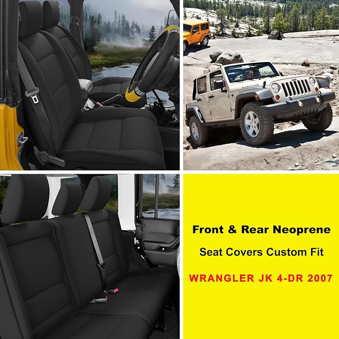 GIANT PANDA Neoprene Seat Covers for Jeep Wrangler JK 4-Door (2007), Neoprene UV&Waterproof, Foam Padded Wrangler Seat Covers 4-Door Full Set(Black) - Image 2
