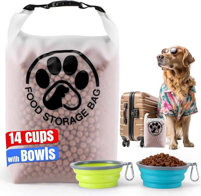Pet Food Storage Bag for Travel - Transparent Leak-Proof Dog Food Container with Roll-Top Closure, Keeps Kibble Fresh for Camping Trip, Dog Boarding, Weekend Getaways (14 Cups+bowl) by Aosnare