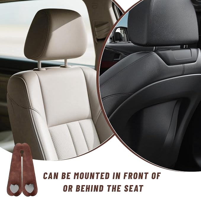 2 PCS Car Seat Headrest Hook, Cute Heart Shape Auto Seat Back Storage Hanger, Suede Double Headrest Purse Hooks Storage Organizer for Most Vehicles, Car Accessories (Brown) - Image 6