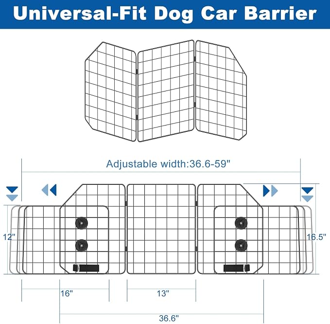 Car Dog Barrier for SUV Adjustable Heavy-Duty Steel Pet Divider Gate | Thickened rust-resistant steel Folding design.Easy install,straps & buckles secure. Fits up to 59".Keeps pets rear-seat safe - Image 3
