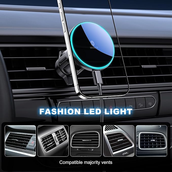 for Mag-Safe Car Mount Charger Dash Windshield Vent Magnetic Phone Holder | Wireless Car Charger with LED Light Car Phone Holder for iPhone 17 16 15 14 13 12 Series for MagSafe - Image 6
