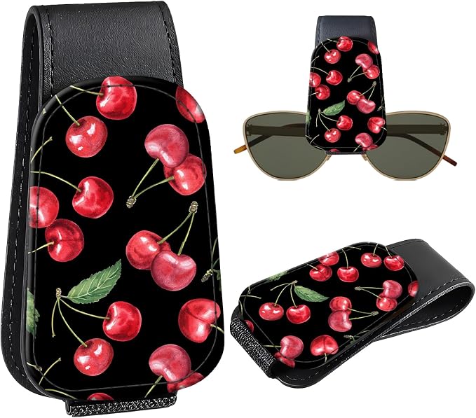 Leather Magnetic Sunglass Holder for Car Sun Visor, Cute Eyeglass Ticket Card Hanger Clip, Universal Auto Interior Accessories for SUV Pickup Truck, Cherry Pattern by Unknown
