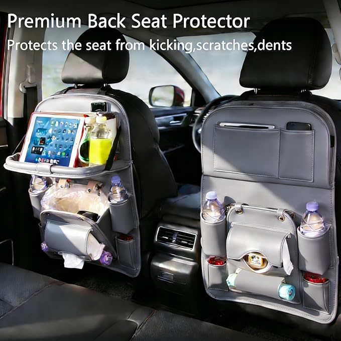 Car Seat Organizer, Multifunctional Backseat Protector Mat, Storage Bag and Tray Rack, Trash Storage (Suitable for Cars, Children, Back of Seats, and Rear Seats) (Gray, Leather 1-Piece Set) - Image 2