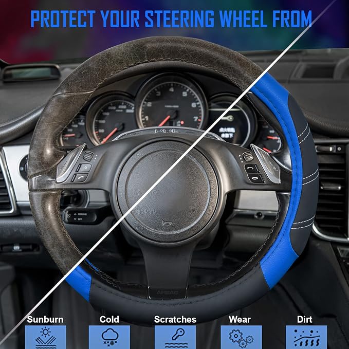 CAR PASS Line Rider Microfiber 14 Inch Leather Sporty Steering Wheel Cover Universal Fits for Truck,SUV,Cars, Anti-Slip Safety Comfortable Desgin (Black-Blue) - Image 4