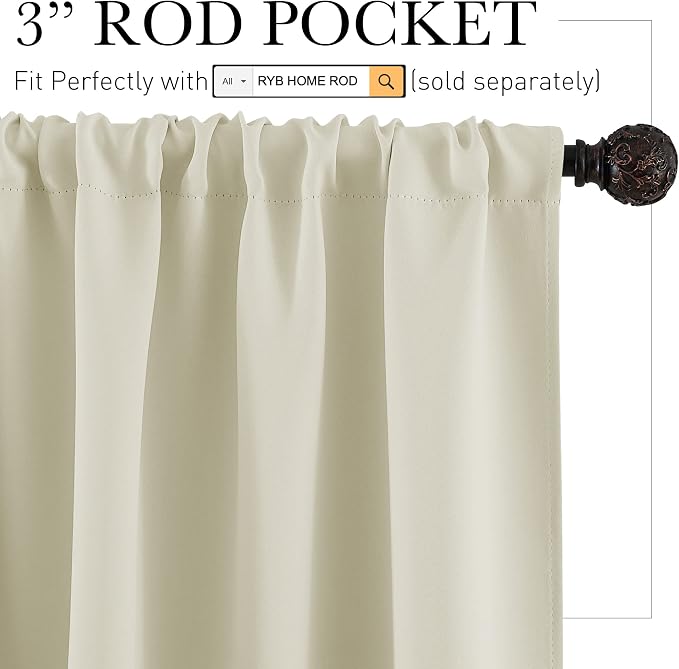 RYB HOME 54 inch Curtains for Living Room Bedroom, Rod Pocket | Thermal Insulated, Room Darkening, Temperature Balance, Shades for Studio Dorm Rental Room, W42 x L54, Beige, 2 Panels - Image 2