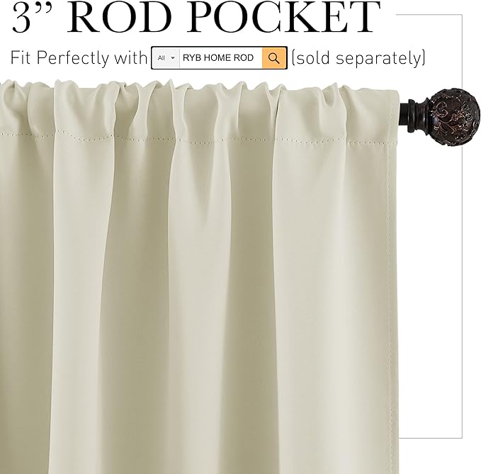 RYB HOME Short Curtains for Small Window Kitchen Bathroom Cafe RV Camper | Sunmmer Heat Light Blocking Privacy Protection Curtains for Sunroom Laundry Room Stair Window, W52 x L36, Beige, 2 Panels - Image 2