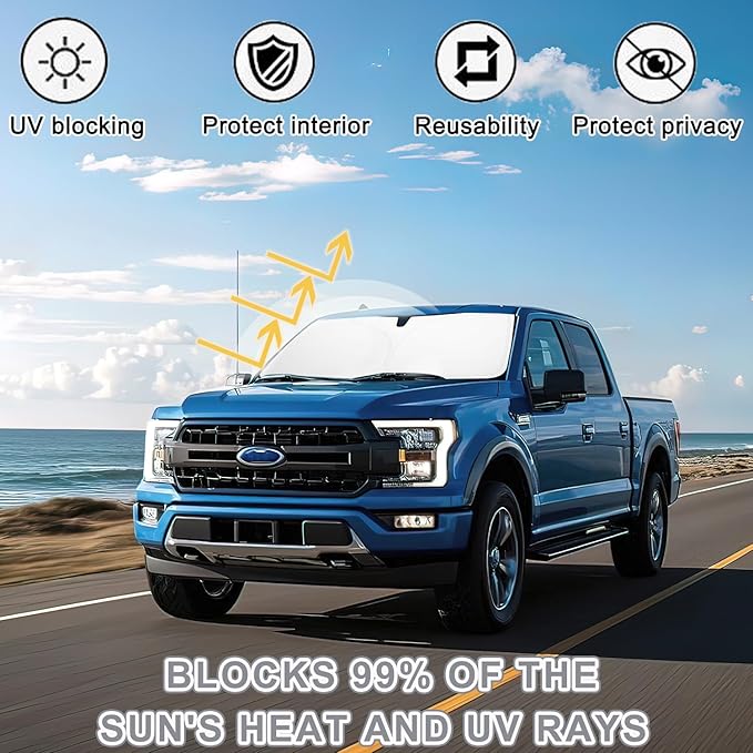 PIMCAR Windshield Sun Shade for Ford F150 2021-2026, Premium 310T Reflective UV Protection, Lightweight Foldable Sun Visor with Storage Pouch - Image 3