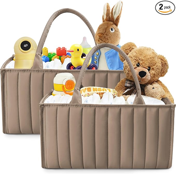 SWEET DOLPHIN 2-Pack Quilted Diaper Caddy Organizer – Premium Puffer Style Nursery Storage Bins – Water-Resistant & Wipeable Changing Table Organizer – Trendy Tote for Home & Car Travel - Mocha Brown by SWEET+DOLPHIN