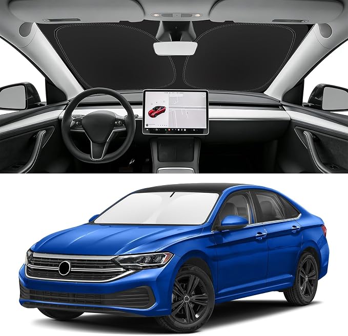Custom Fit Windshield Sun Shade for VW Jetta 2019-2026 | Blocks UV Rays and Sun Heat, Helps Reduce Interior Temperature, Protects Dashboard from Fading, Folds Easily for Storage by SLOGENTO