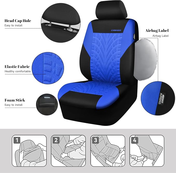 CAR PASS Car Seat Covers Full Sets, Front & Split Rear Bench for Car, 3D Tyre Embossed Automotive Interior Covers, Airbag Compatible, Quick Setup Universal Fit Seat Covers for Car, SUV(Black Blue) - Image 3