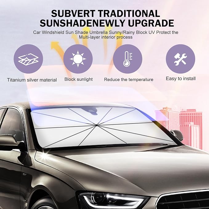 leechio 1 PC Windshield Sun Shade Umbrella, Sun Protection and Heat Insulation Front Windscreen Umbrella Sunshade, 55" x 31" Foldable Retractable Heat Insulation Protection, for Most Cars (Silver) - Image 6
