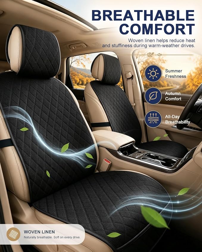 Linen Car Front Seat Covers, Breathable Linen Car Seat Protector | With A Carrying Pouch And Non-Slip Nubs On The Back; Universal Fit Cars Vans SUVs Trucks, 2 Units, Black - Image 5