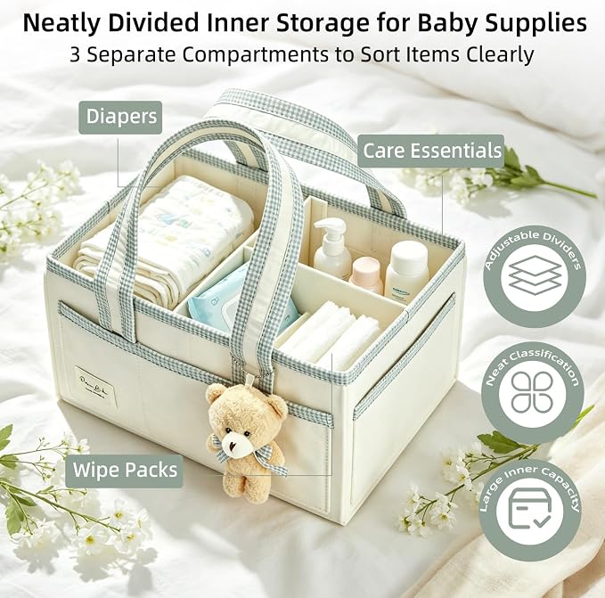 Portable Diaper Caddy Compatible with Skip Hop, Foldable Nursery Storage Tote with Removable Divider, Side Pockets & Cute Bear Pendant for Changing Table, Car & Home - Image 4