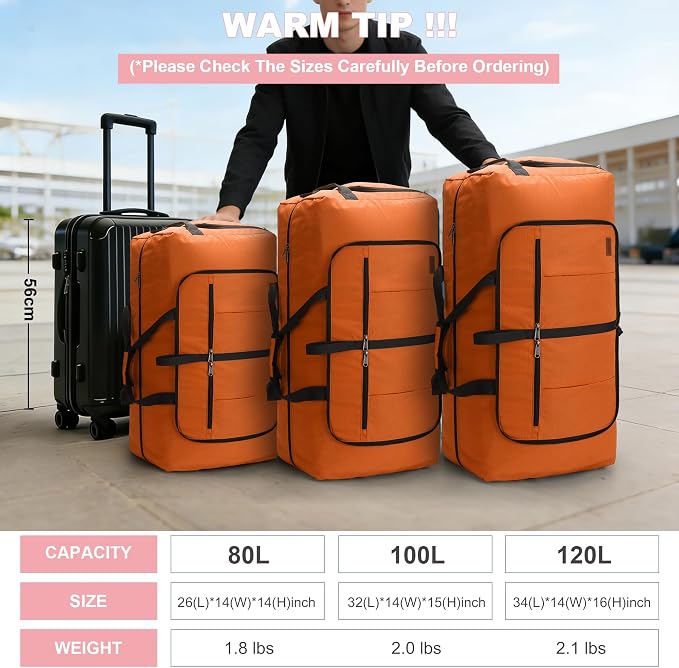 100L Travel Duffle Bag for Men, Urtala 32” Large Duffle Bag for Traveling with Shoe Compartment, Foldable Travel Duffel Bag for Men Women Waterproof & Tear Resistant (Orange, EXTRA LARGE, 100L) - Image 8