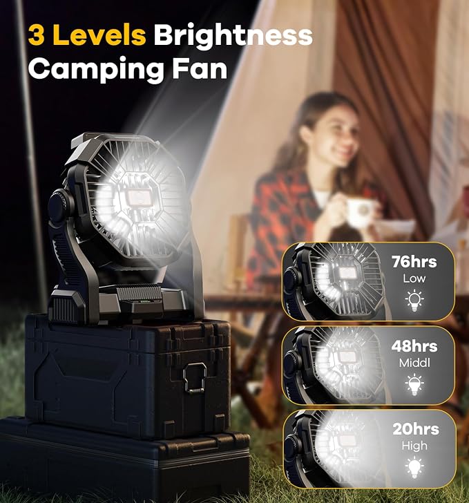 DOWILLDO 30000mAh Portable Battery Powered Camping Fan - with LED Light, Quiet Battery Operated, Camping Gear for Travel, Tent, Beach, Car or Hurricane Power Outages, Black - Image 3