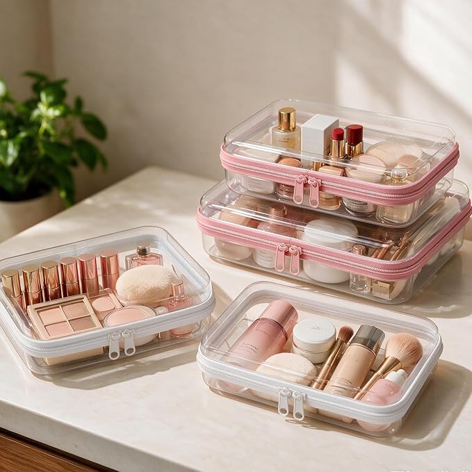 4 pcs Clear Hard Shell Zipper Case, Water-Resistant Travel Makeup Bag, Diaper Bag Organizer Pouches,Clear Toiletry Bags (Pink) - Image 7