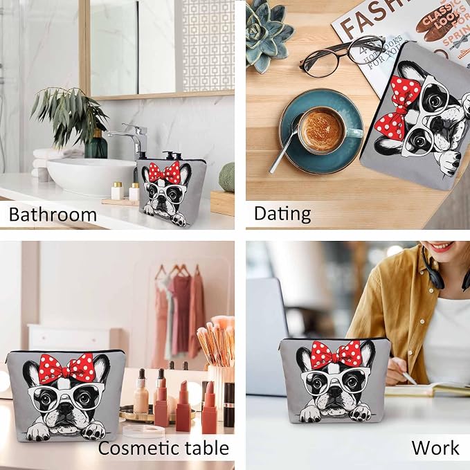 Makeup Bag French Bulldog Makeup Bags For Purse Pouch, Cute Puppy Bulldog Glasses Travel Toiletry Bag Cosmetic Bag Makeup Bags Flax Makeup Organizer Bag Pencil Pouch For Man Woman, Gray - Image 6