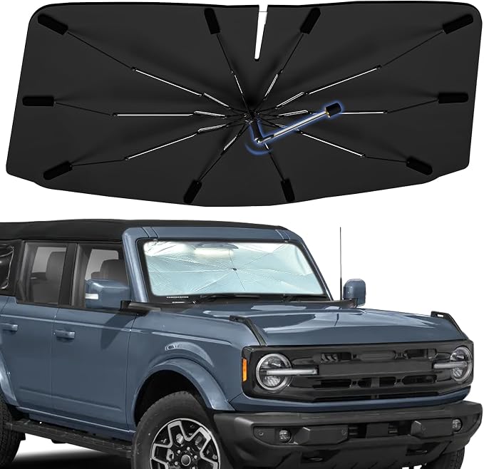Windshield Sun Shade Umbrella for Ford Bronco(not for Bronco Sport) 21-25 | Foldable Car Sunshade for Bronco(4-Door), 360 Rotation Automotive Interior UV Protection for Outdoor Parking by Bocvam