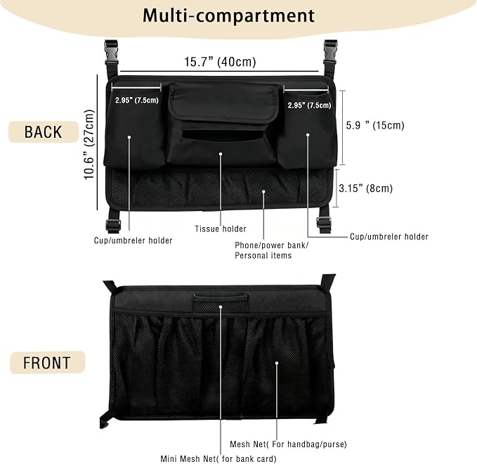 Car Purse Holder Between Seats, Upgraded PU Leather & Mesh Car Organizer Front Seat with Cup Holders, Tissue Holder, Pet & Child Barrier Net for SUV Truck Large Sedan - Image 2