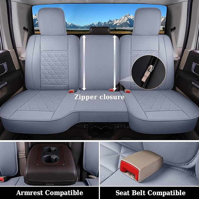 Coverado Seat Covers for Dodge Ram Full Set, Waterproof Truck Car Seat Cover Protectors Custom Fit for 2002-2026 Dodge RAM 1500 2500 3500 with Curved Bench(Gray) - Image 3